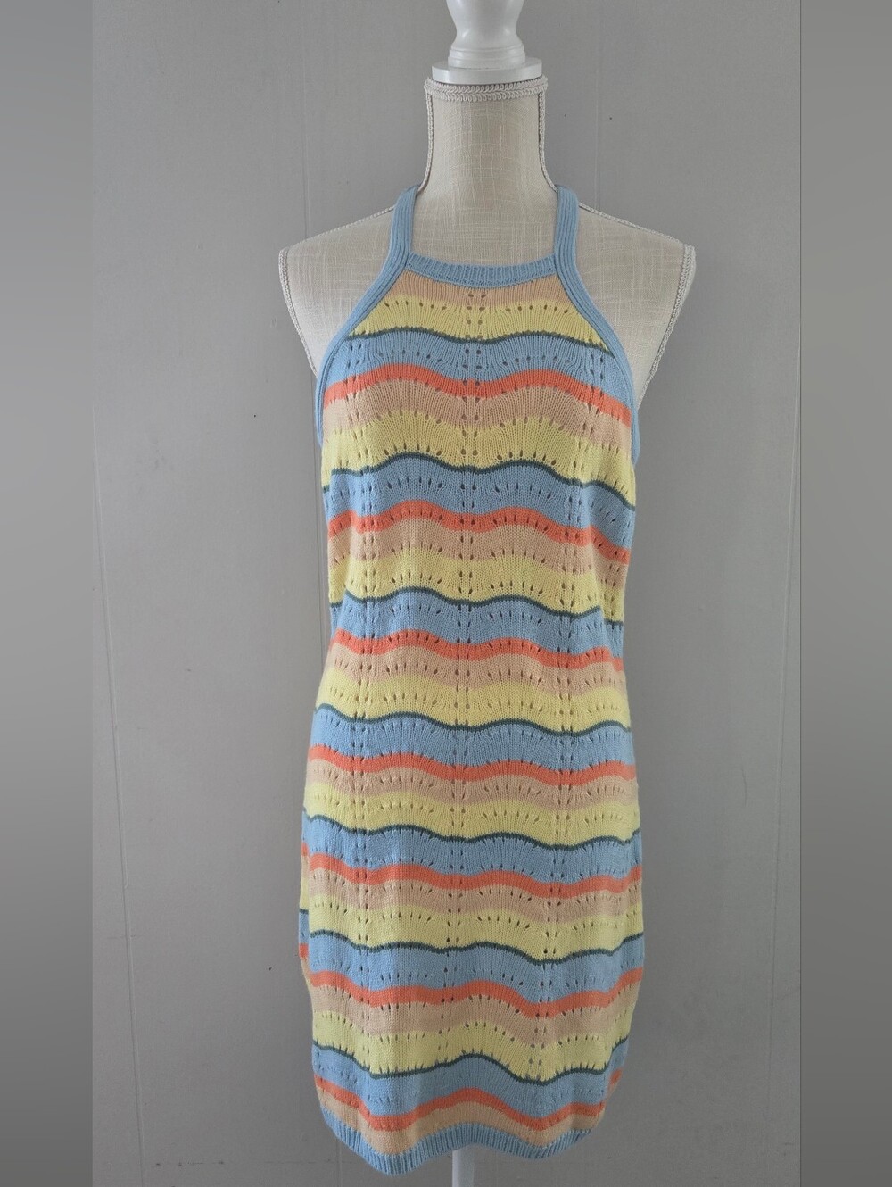Justify Pastel Striped Knit Halter Dress in Light Blue, Yellow, Peach, Navy